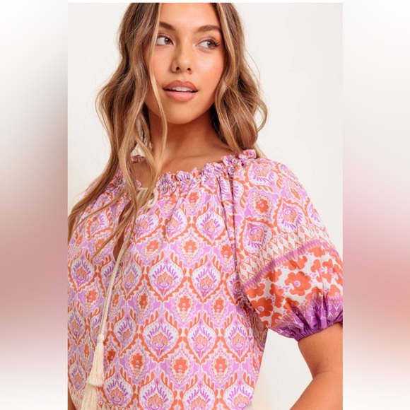 NWT! Luxury Bohemian Pink and Orange Wide Neckline Short Sleeve Women's Top - Picture 5 of 8